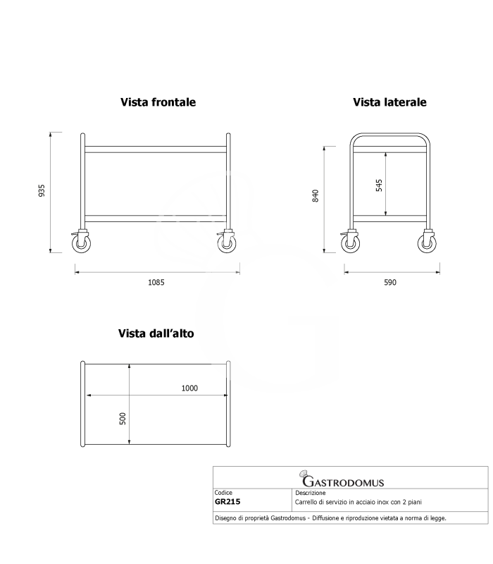 Carrello di servizio in acciaio inox con 2 piani L 1085 mm x P 590 mm x H 935 mm