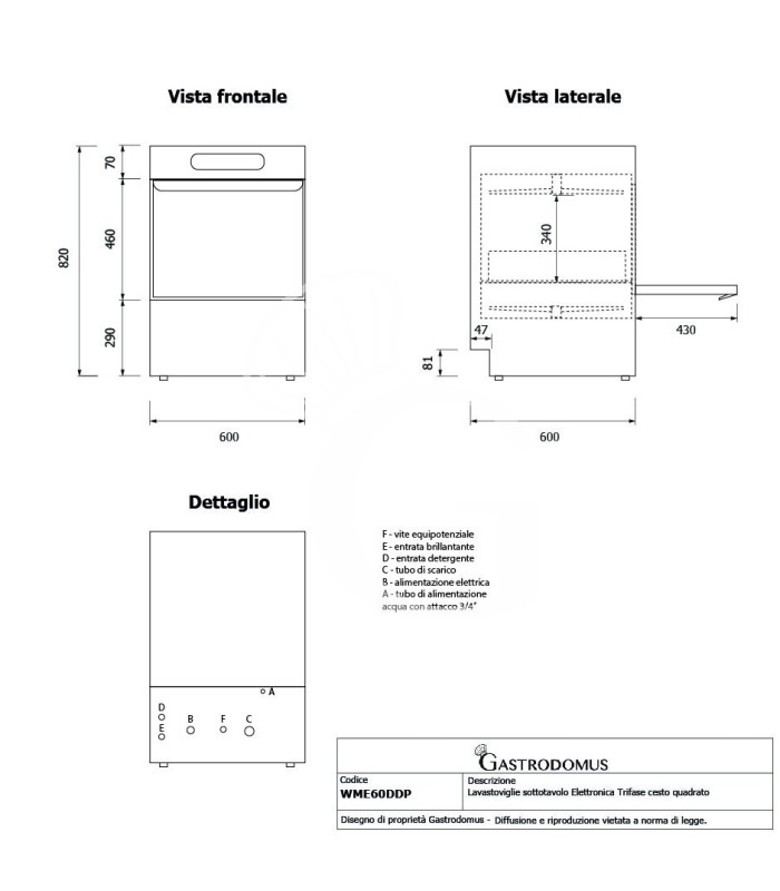 Lavastoviglie Professionale 50x50 elettronica trifase a doppia parete con doppio dosatore, giranti in inox e pompa di scarico