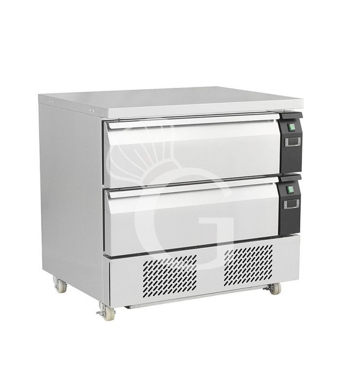 Cassettiera doppia refrigerata con ruote, 4xGN1/1, conversione di temperatura da negativa a positiva, due unità refrigeranti