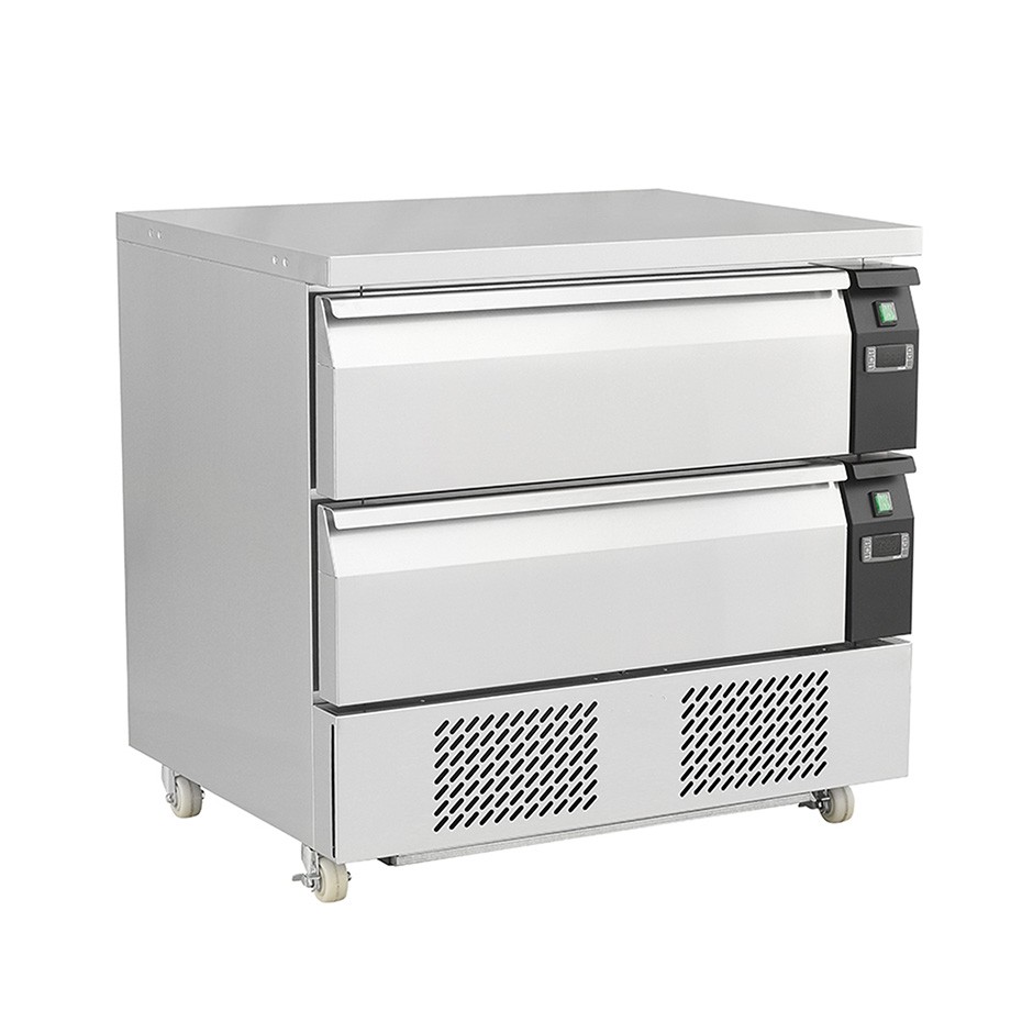 Cassettiera doppia refrigerata con ruote, 4xGN1/1, conversione di temperatura da negativa a positiva, due unità refrigeranti