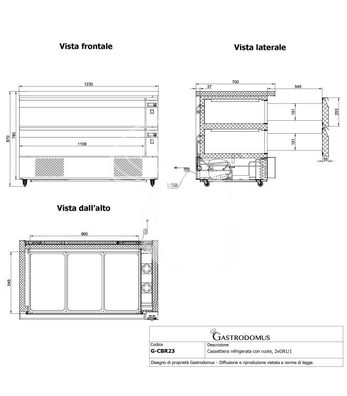Cassettiera doppia refrigerata con ruote, 6xGN1/1, conversione di temperatura da negativa a positiva, due unità refrigeranti
