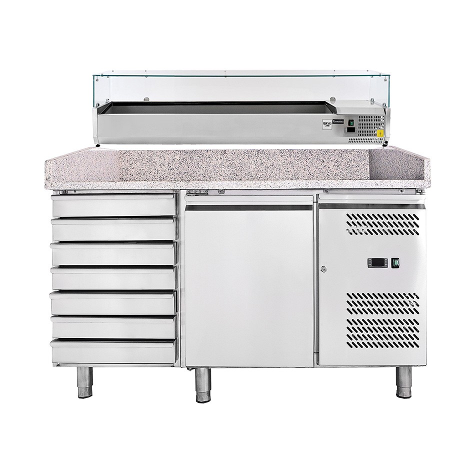 Banco Pizza refrigerato piano in granito 1 porta 7 cassetti e vetrina 5 bacinelle GN1/3 + 1 bacinella GN1/2