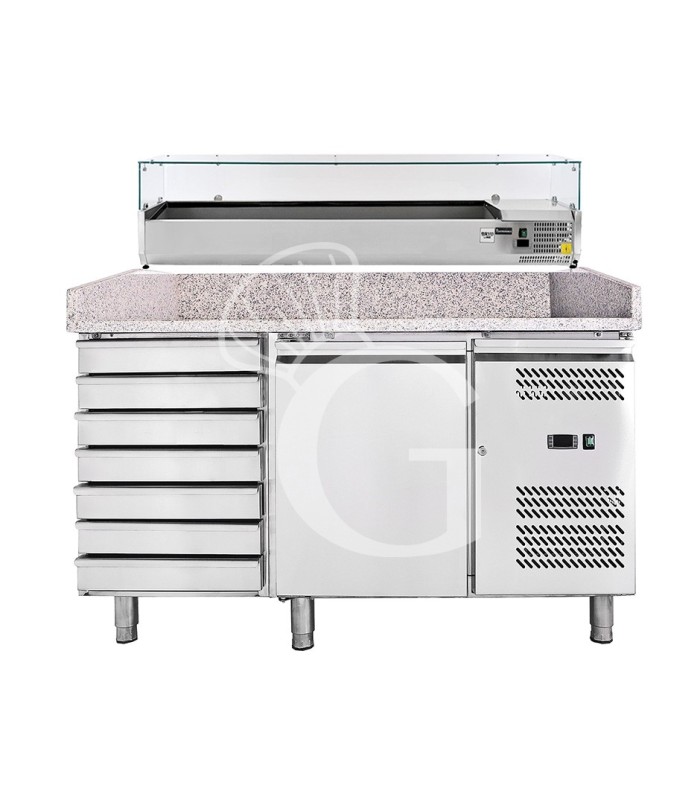 Banco Pizza refrigerato piano in granito 1 porta 7 cassetti e vetrina 7 bacinelle GN1/4