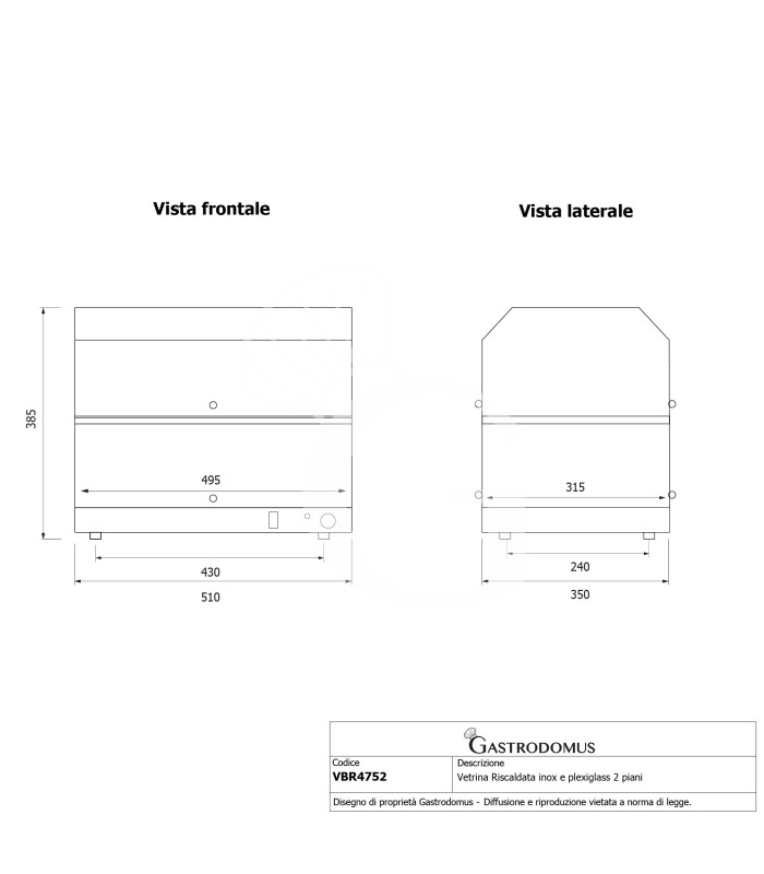 Vetrina Riscaldata inox e plexiglass 2 piani +30°C/+90°C L 510 mm x P 350 mm x H 385 mm