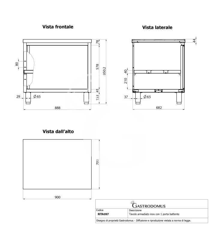 Tavolo armadiato inox con 1 porta battente, L 900 mm x P 700 mm x H 850 mm