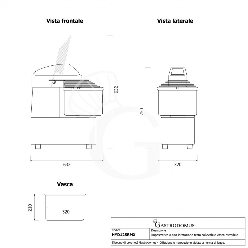 Impastatrice ad elevata idratazione testa sollevabile e vasca fissa - 22LT - Monofase - velocità variabile
