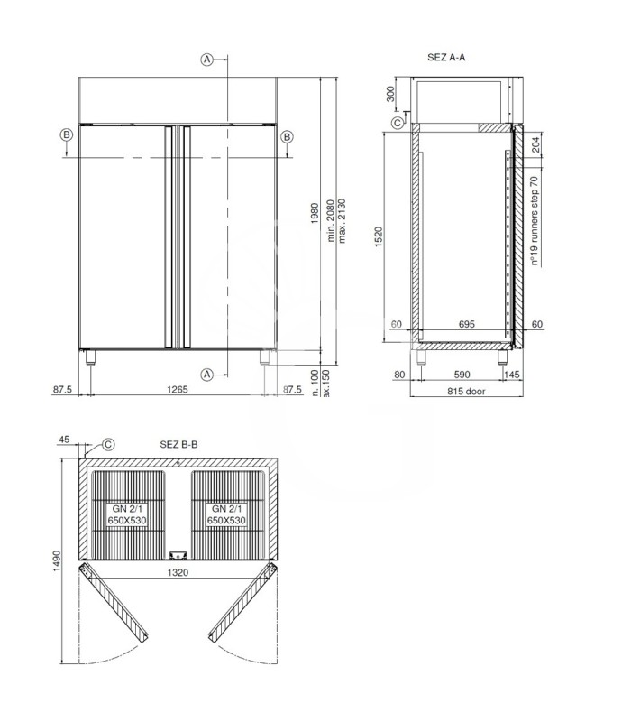 Armadio Refrigerato Ventilato 2 porte 0°C/+10°C 1400 LT classe energetica C