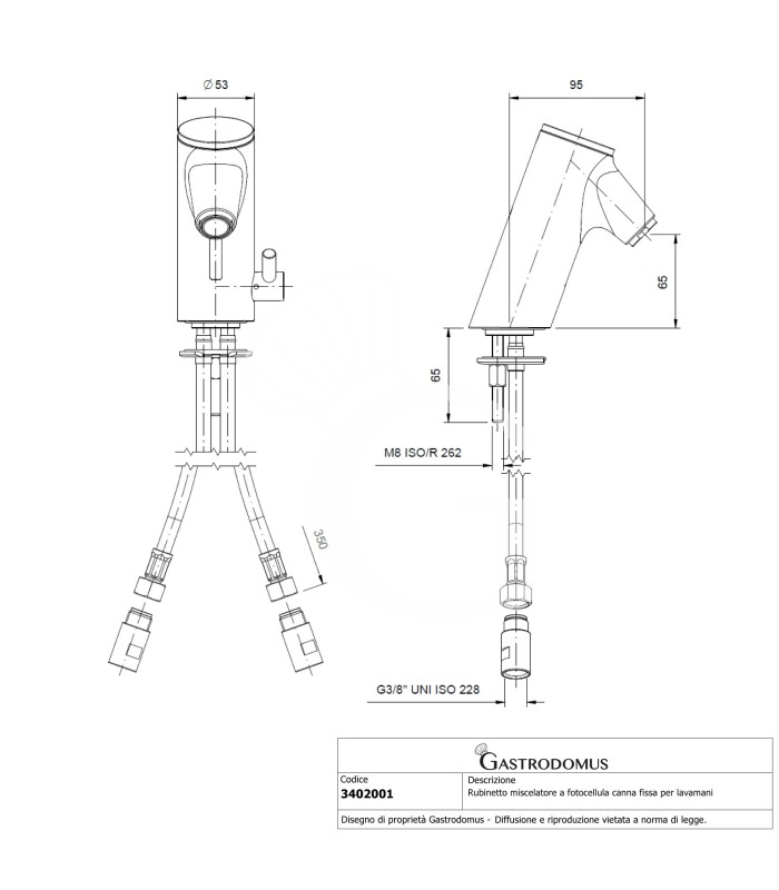 Rubinetto miscelatore a fotocellula per lavamani con canna fissa L 95 mm