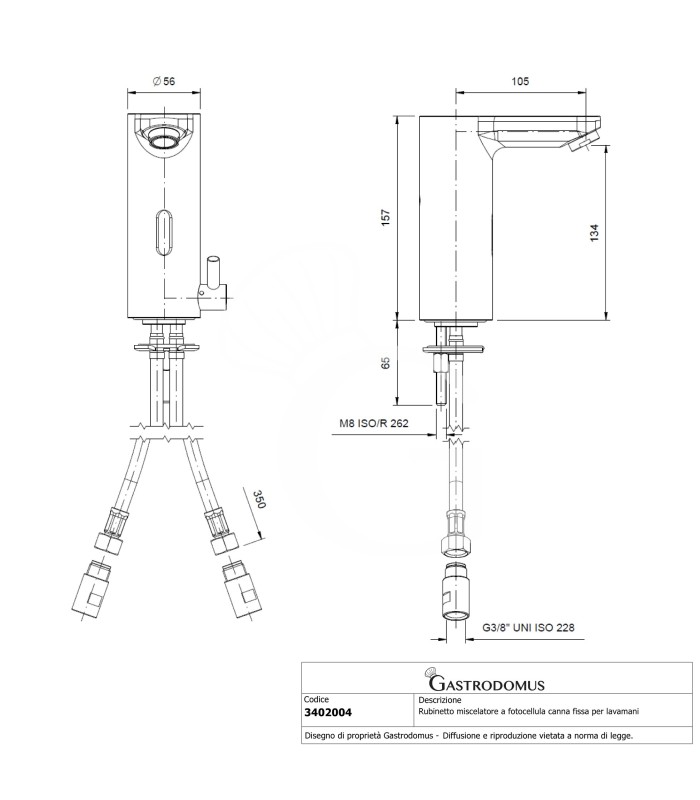 Rubinetto miscelatore a fotocellula per lavamani con canna fissa L 105 mm