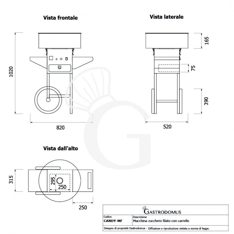 Macchina Zucchero Filato con carrello L 820 mm x P 520 mm x H 1020 mm - tecnico
