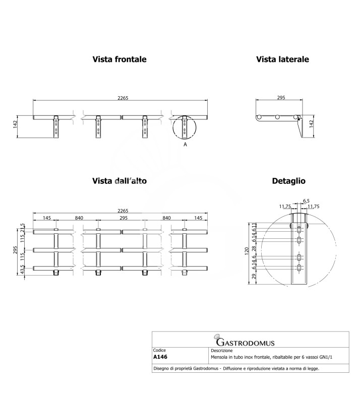 Mensola in tubo inox frontale, ribaltabile per 6 vassoi GN1/1