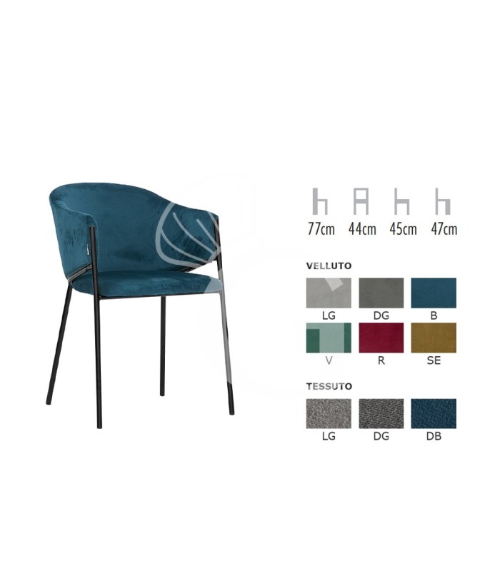 Sedia con struttura in metallo verniciato e rivestimento imbottito in velluto o tessuto