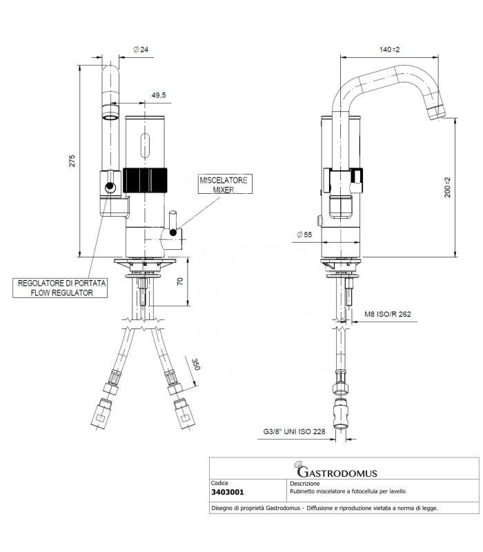 Rubinetto miscelatore a fotocellula per lavello con canna girevole L 140 mm