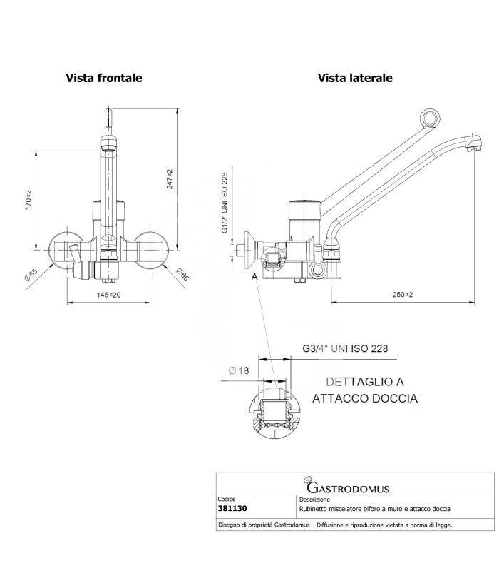 Rubinetto miscelatore biforo monocomando a muro e attacco doccia - L 250 mm