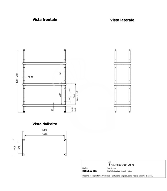 Scaffale Acciaio Inox 3 ripiani L 1200 x P 400 x H 1500 mm