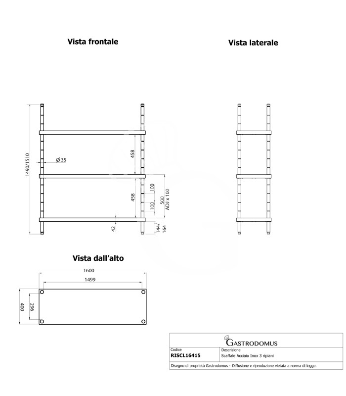 Scaffale Acciaio Inox 3 ripiani L 1600 x P 400 x H 1500 mm