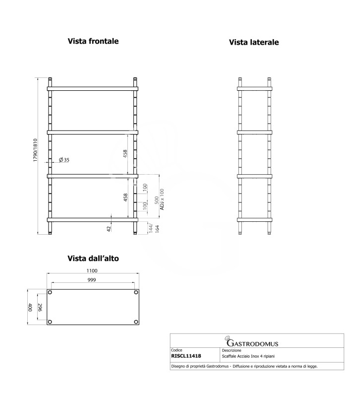 Scaffale Acciaio Inox 4 ripiani L 1100 x P 400 x H 1800 mm