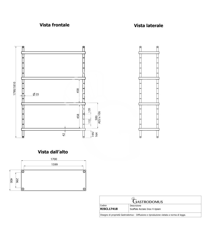 Scaffale Acciaio Inox 4 ripiani L 1700 x P 400 x H 1800 mm