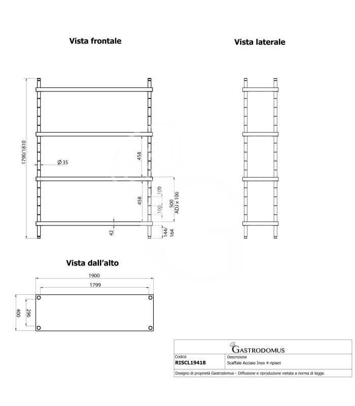 Scaffale Acciaio Inox 4 ripiani L 1900 x P 400 x H 1800 mm