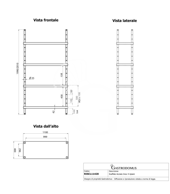 Scaffale Acciaio Inox 4 ripiani L 1100 x P 400 x H 2000 mm