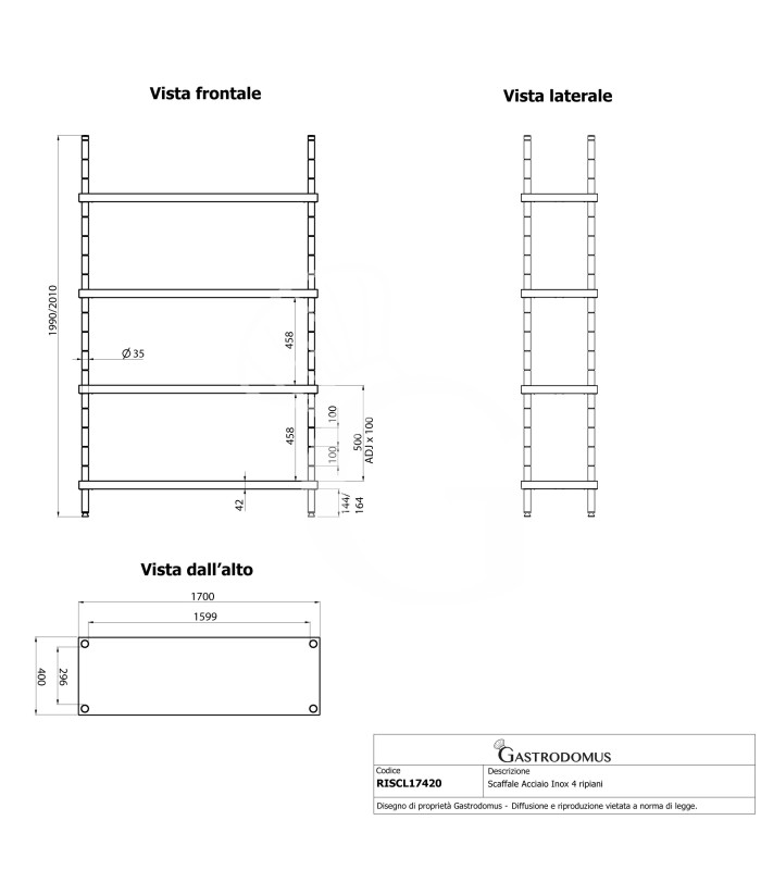 Scaffale Acciaio Inox 4 ripiani L 1700 x P 400 x H 2000 mm