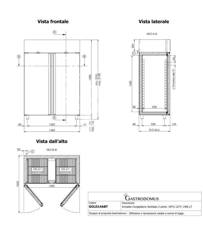 Armadio Congelatore Ventilato 2 porte -18°C/-22°C 1400 LT classe energetica C