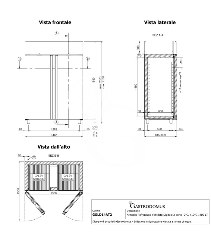 Armadio Refrigerato Ventilato Digitale 2 porte -2°C/+10°C 1400 LT classe energetica A