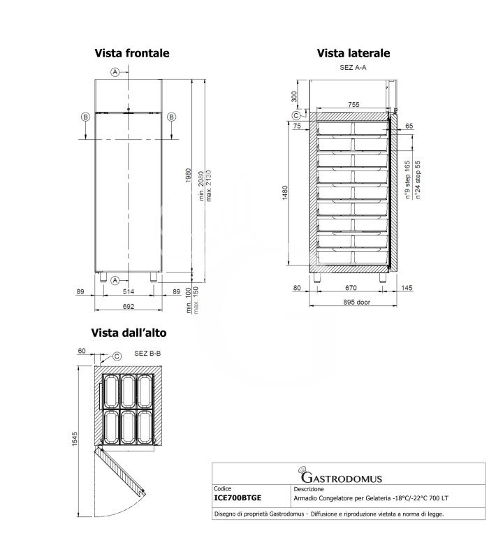 Armadio Congelatore per Gelateria -18°C/-22°C 700 LT classe energetica C