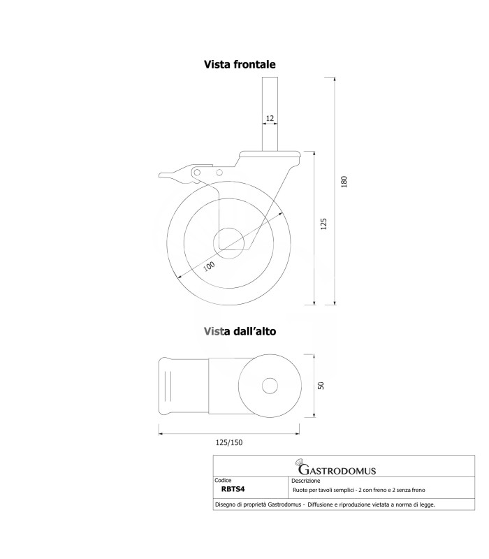 Kit 4 ruote per tavoli semplici, di cui 2 con freno
