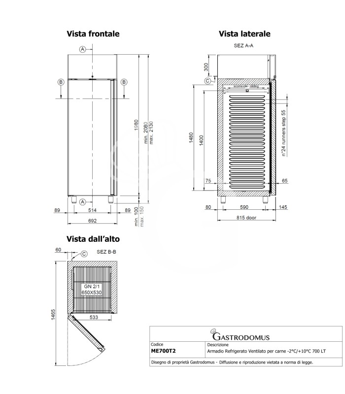 Armadio Refrigerato Ventilato per carne -2°C/+10°C 700 LT classe energetica A