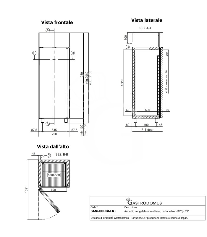 Armadio congelatore ventilato, porta vetro -18°C/- 22° 600 LT
