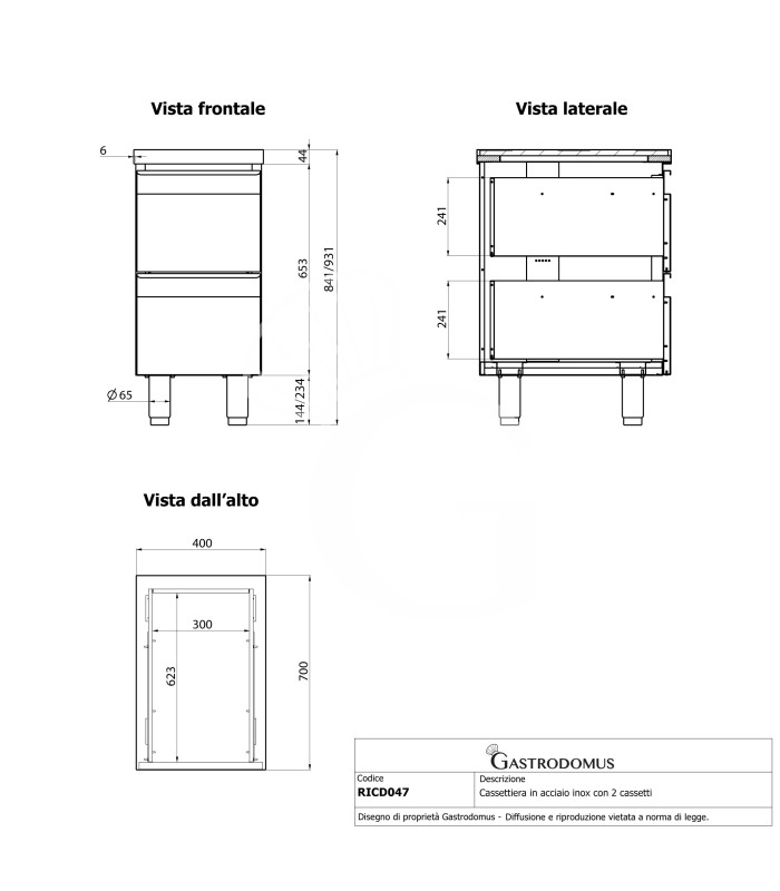 Cassettiera inox con 2 cassetti, L 400 x P 700 x H 850 mm
