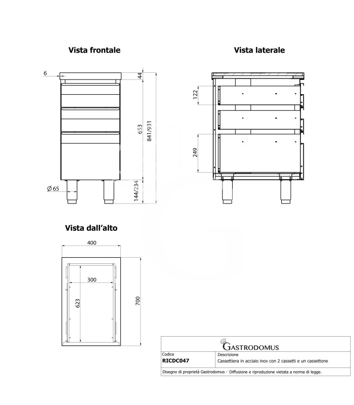 Cassettiera inox con 2 cassetti e un cassettone, L 400 x P 700 x H 850 mm