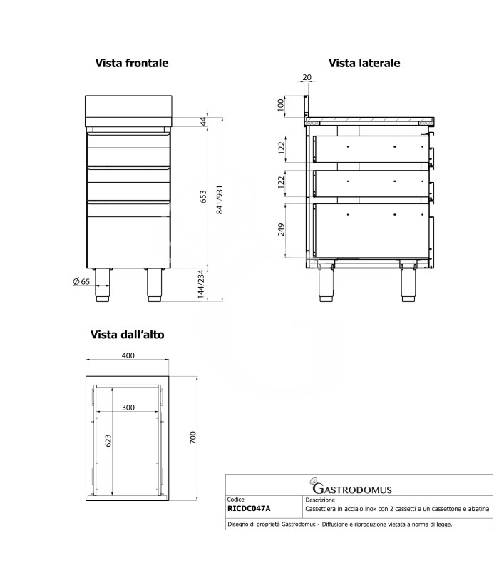 Cassettiera inox con 2 cassetti, un cassettone, alzatina, L 400 x P 700 x H 950 mm