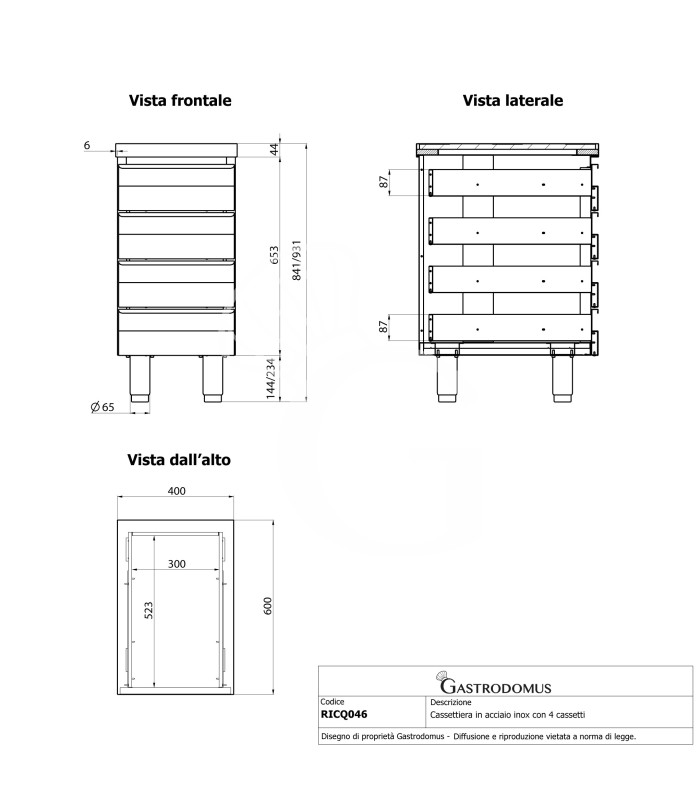 Cassettiera in acciaio inox con 4 cassetti, L 400 x P 600 x H 850 mm