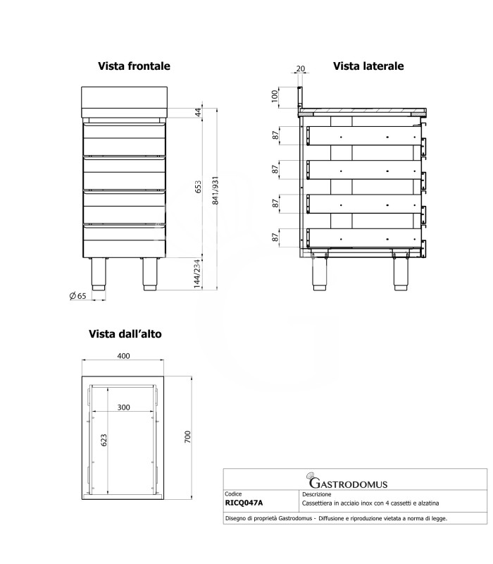 Cassettiera inox con 4 cassetti e alzatina, L 400 x P 700 x H 950 mm