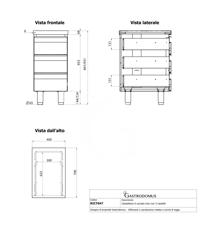 Cassettiera inox con 3 cassetti, L 400 x P 700 x H 850 mm