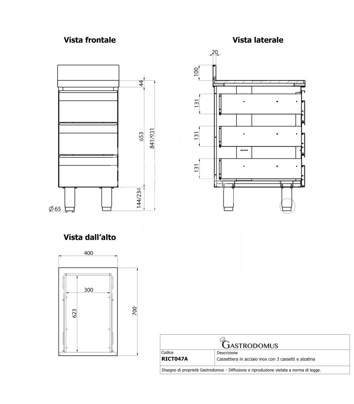 Cassettiera inox con 3 cassetti e alzatina, L 400 x P 700 x H 950 mm