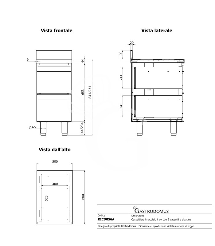 Cassettiera in acciaio inox con 2 cassetti e alzatina, L 500 x P 600 x H 950 mm