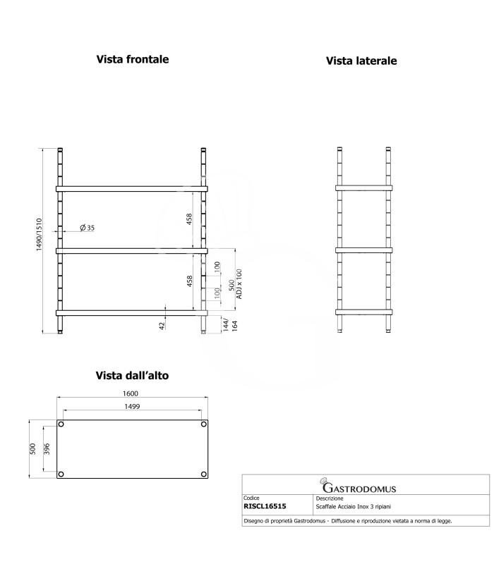 Scaffale Acciaio Inox 3 ripiani L 1600 x P 500 x H 1500 mm