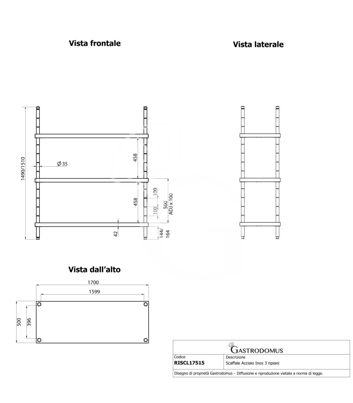 Scaffale Acciaio Inox 3 ripiani L 1700 x P 500 x H 1500 mm