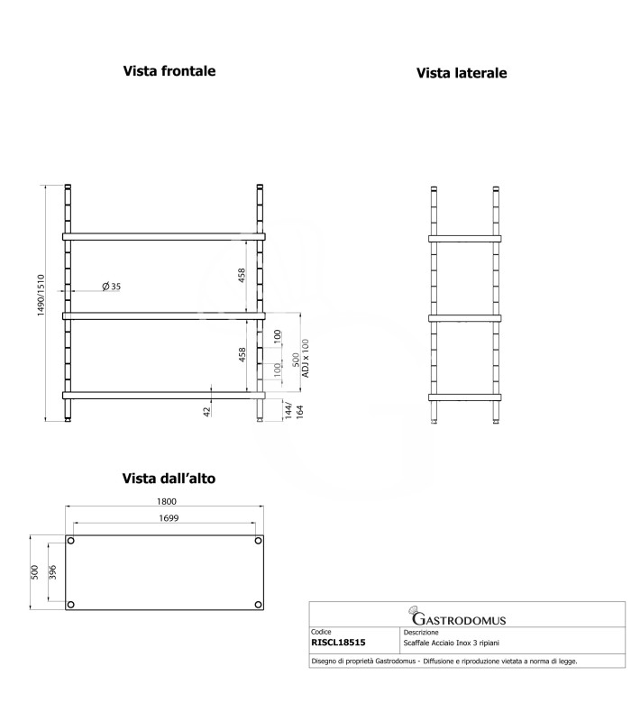 Scaffale Acciaio Inox 3 ripiani L 1800 x P 500 x H 1500 mm