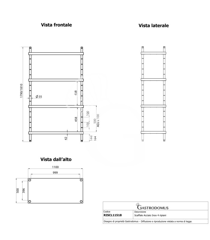 Scaffale Acciaio Inox 4 ripiani L 1100 x P 500 x H 1800 mm