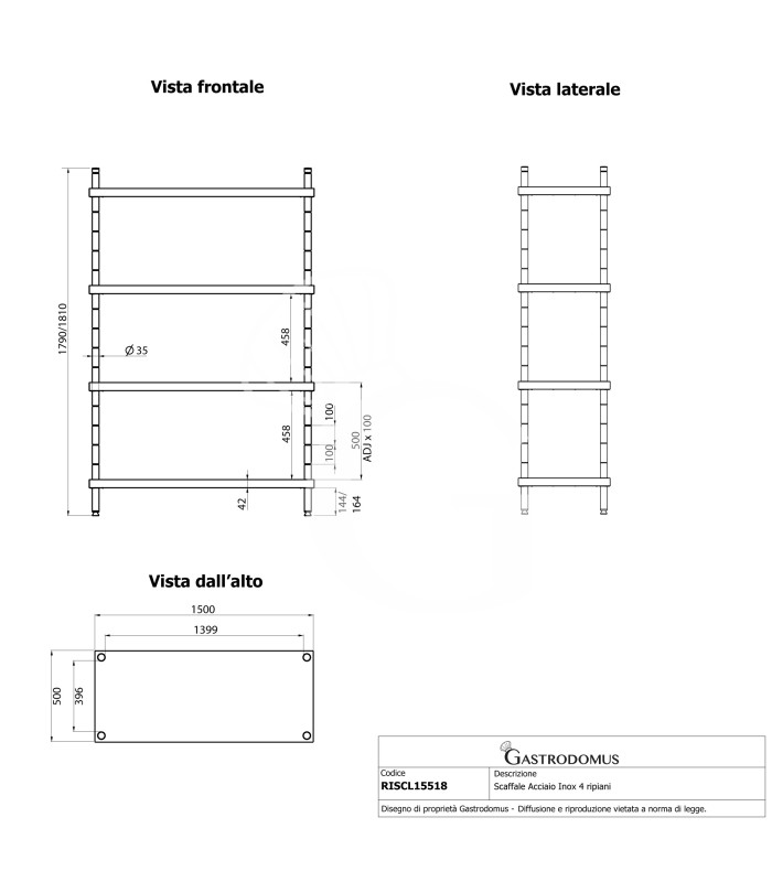Scaffale Acciaio Inox 4 ripiani L 1500 x P 500 x H 1800 mm