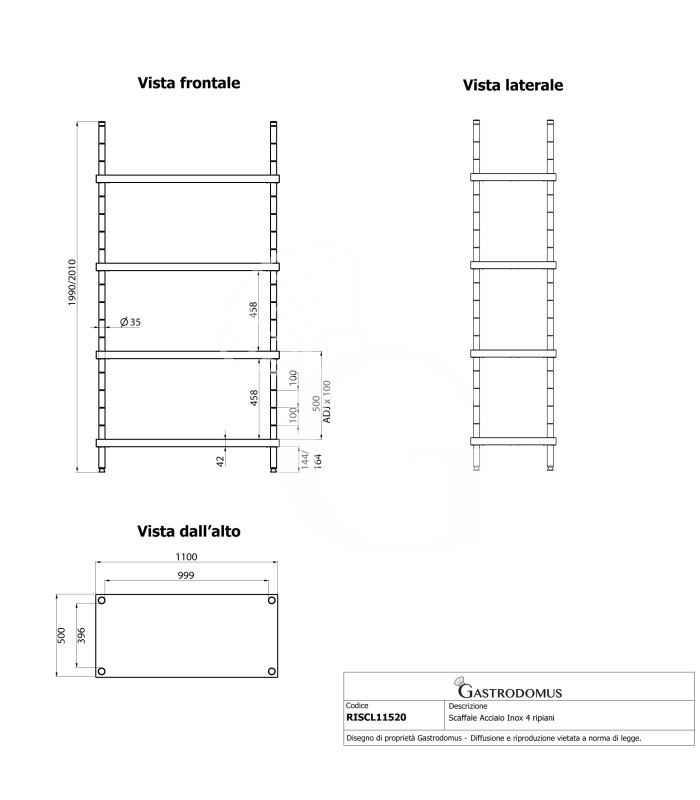 Scaffale Acciaio Inox 4 ripiani L 1100 x P 500 x H 2000 mm