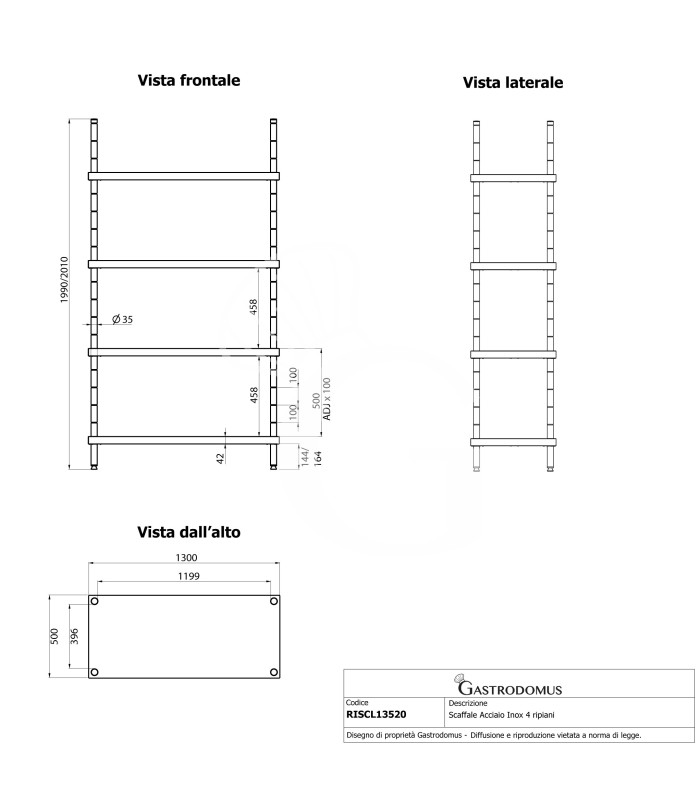 Scaffale Acciaio Inox 4 ripiani L 1300 x P 500 x H 2000 mm