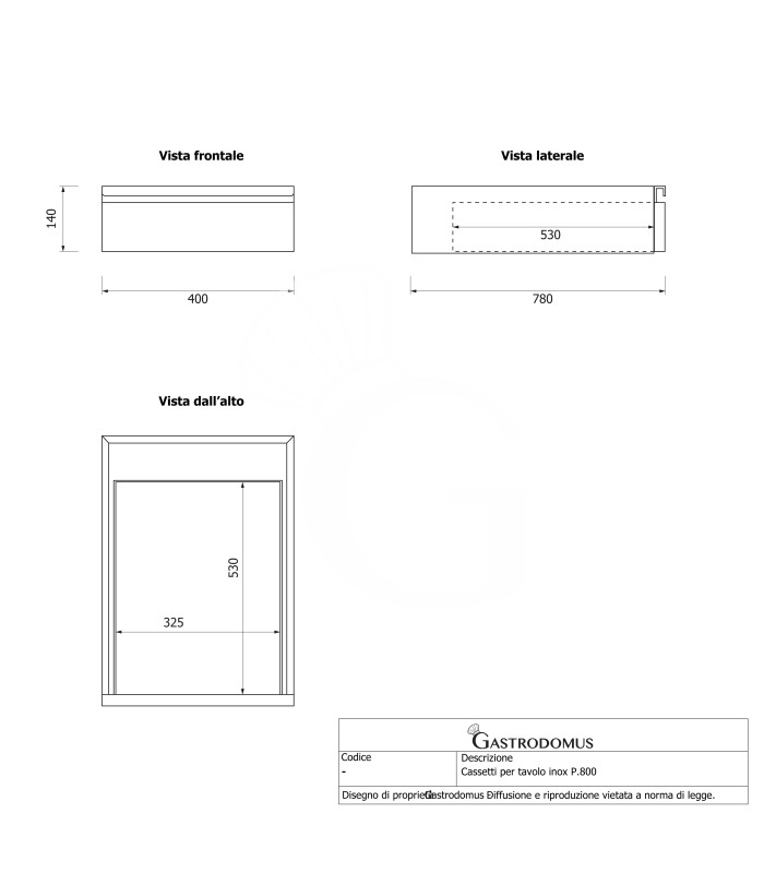 Tavolo inox ripiano 2 cassetti L 1200 mm x P 800 mm x H 865 mm