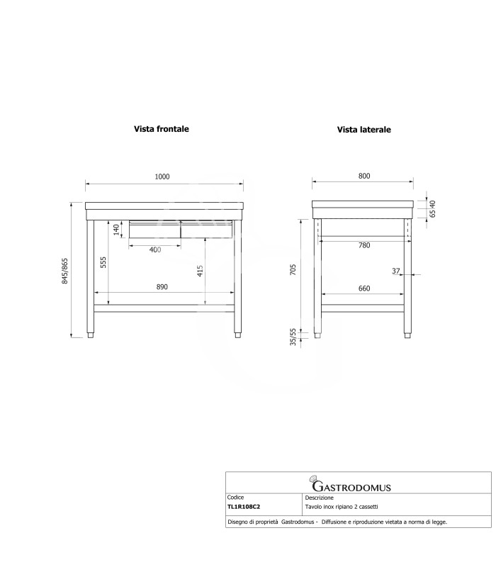 Tavolo inox ripiano 2 cassetti L 1000 mm x P 800 mm x H 865 mm