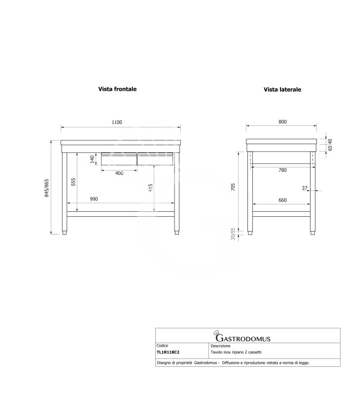 Tavolo inox ripiano 2 cassetti L 1100 mm x P 800 mm x H 865 mm