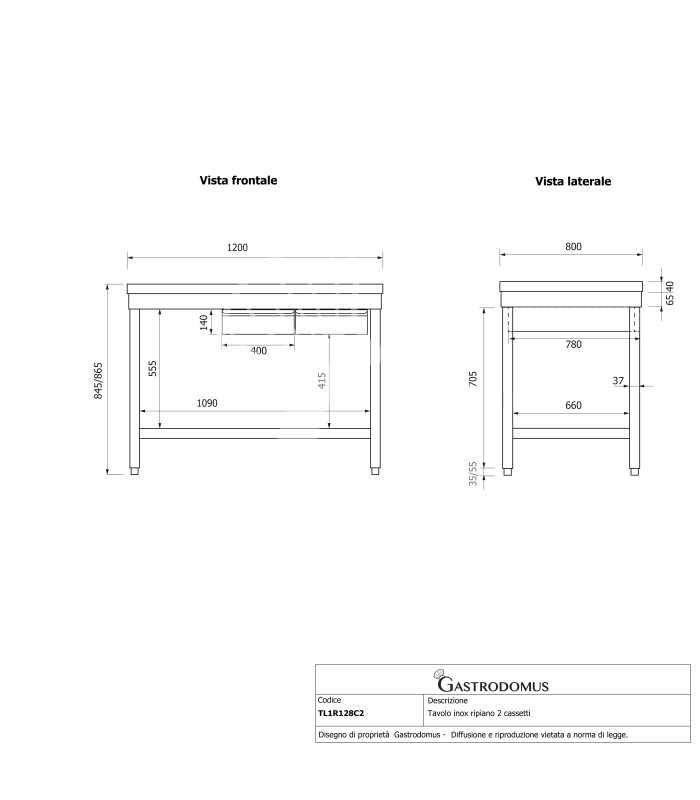Tavolo inox ripiano 2 cassetti L 1200 mm x P 800 mm x H 865 mm